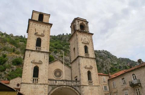 Old town Kotor in Montenegro. Kotow Tower with a clock built in 1166 Stock Photos