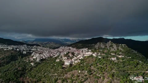 The old town on the mountain and storm clouds Stock Footage 231217286