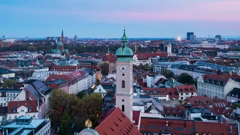 Old Town Munich with Twilight Moon Emergence Aerial Timelapse Video stock 291658597