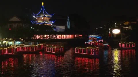 Old town in Nanjing and Qinhuai River by night, Nanjing, China Stock Footage