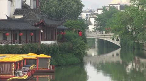 Old town in Nanjing and Qinhuai River, Nanjing, China Stock Footage