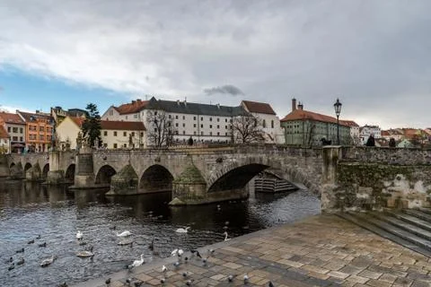 The old town of Pisek with its old stone bridge Stock Photos