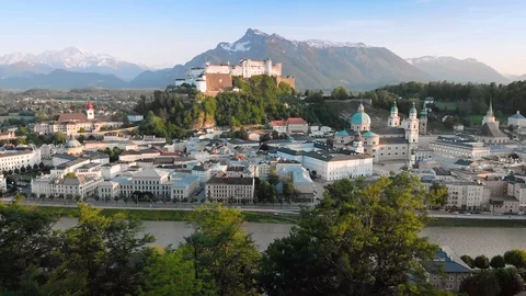 Old town of Salzburg at sunset, Austria Stock Footage