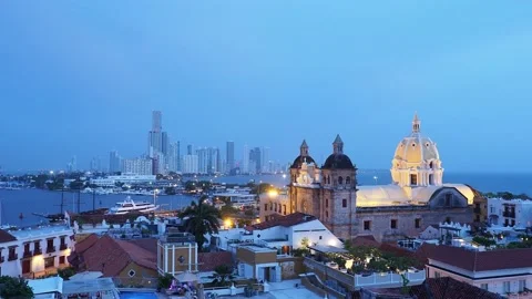 Old Town with San Pedro Claver Church and Bocagrande, Cartagena, Colombia Stock Footage 99669281