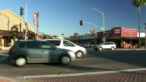 Old Town Scottsdale Intersection with traffic and stores Stock Footage 36384936