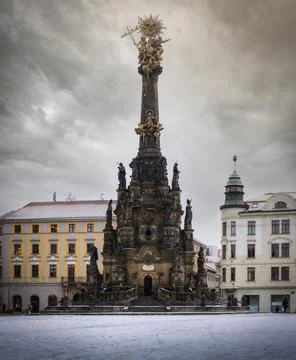 Old Town Square with Holy Trinity - UNESCO - Column in Olomouc in winter, Czech Фото