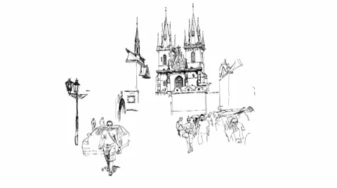 Old Town Square, Prague, Czech Republic. Hand draw sketch Stock Footage 10773112