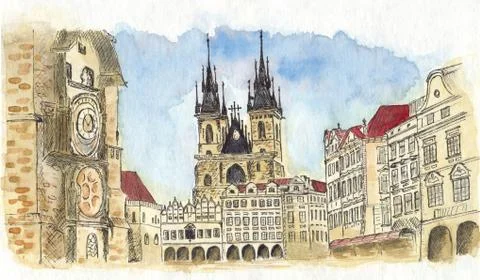 Old Town Square in Prague Stock Illustration