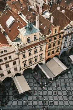 Old Town Square. A view to local cafes from the Old town hall tower. Portrait Foto stock