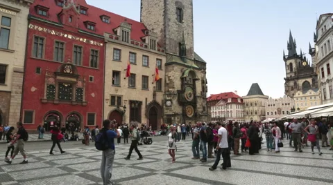 Old Town Square with walking tourists in Prague, Czech Republic Stock Footage 64270838