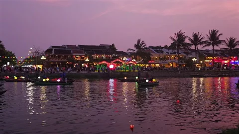 Old Town streets and crowded Thu Bon River nightlife, Hoi An, Vietnam Video stock 291706199