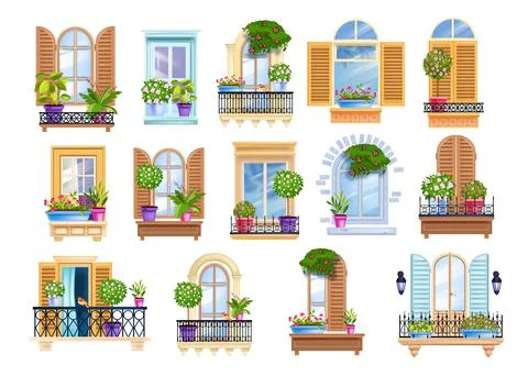 Old town window frame, vintage European balcony set with house plants Stock Illustration