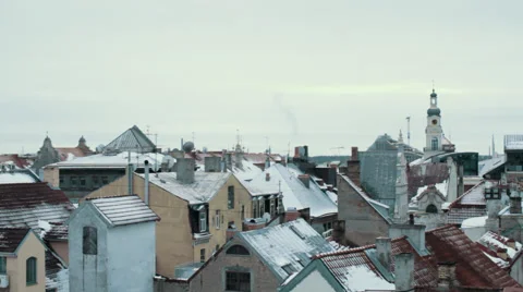 Old Town in Winter Aerial Rooftops With Snow Stock Footage 46300327