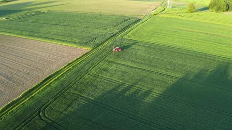 An old tractor drives across a wide field and sprays herbicides Stock Footage 197386988