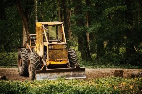 Old tractor on the forest deforestation work Stock Photos