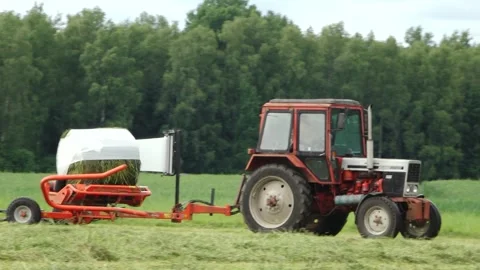 Old tractor pulls a bale wrapper across a cut grass field Video stock 337256933
