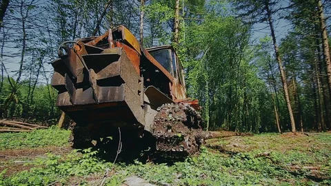 Old tractor pulls a tree trunk in the forest. Stock Footage 129299675