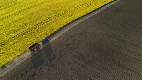 An old tractor with a trailer is driving across the field. Video stock 130974716