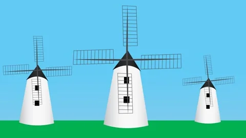 Old traditional windmill homes in open green field and blue sky to mill grain Stock Footage 285518981