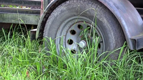Old trailer wheel in tall grass Stock Footage 52701631