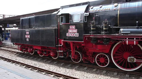 Old train and steam engine exhibition, vintage locomotives at railway station Stock Footage 61919555