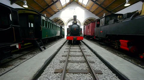 Old train and steam engine exhibition, vintage locomotives, railway. Stock Footage 62472986