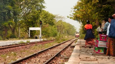 Old train arrival to railway station - Myanmar Stock Footage 61450115