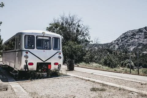 Old train car of an abandoned train station in the countryside Stock Photos