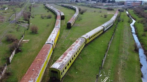 Old Train Carriages Aerial Stock Footage 168952134