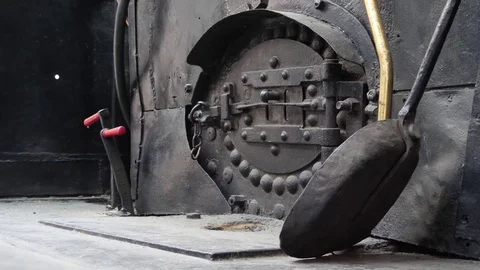 Old train engine steam boiler 4k Stock Footage 78553431