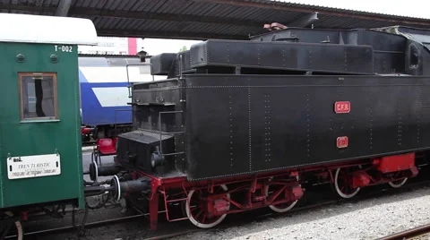Old train exhibition and steam engine, vintage locomotive at railway Stock Footage 61918342