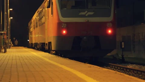 Old train leave train station in the night time, Europe. Stock Footage 143228677