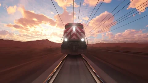 Old train locomotive dragging cargo through the valley during sunrise timelapse. Stock Footage 202284259