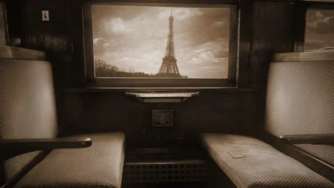 Old Train Paris Eiffel Tower View Window Vintage Style Film Texture 스톡 동영상 205389673