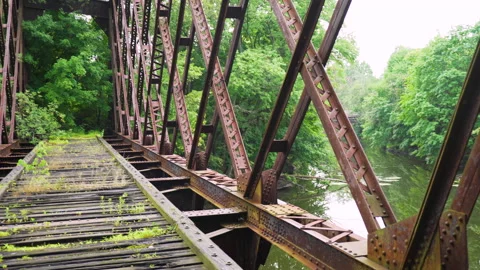 Old train rail bridge lost in a forest. Video stock 159241072