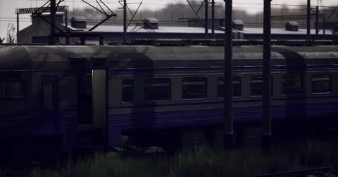 Old train station with purple train and overcast sky at dusk Illustrazione stock
