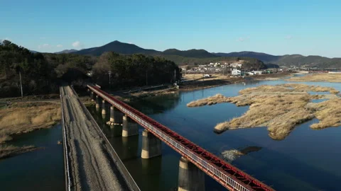 Old train track aerial view in winter, South Korea Video stock 226877649