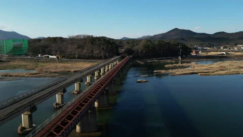 Old train track aerial view in winter, South Korea 스톡 동영상 226877935