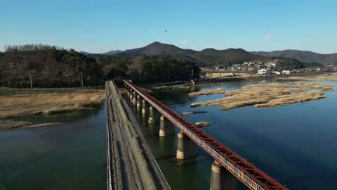 Old train track aerial view in winter, South Korea Video stock 226878039