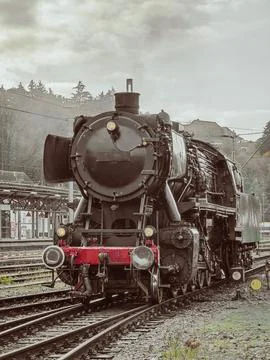 A old train is on the tracks Stock Photos
