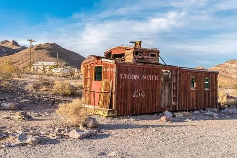 An old train wagon in ghost town Rhyolite in the Death Valley Stock Photos
