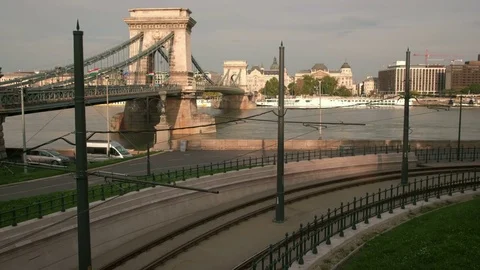 Old tram and Chain Bridge Budapest Stock Footage 82679402