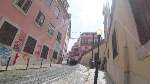 Old tram elevator Gloria in the old town of Lisbon Stock Footage 90674449