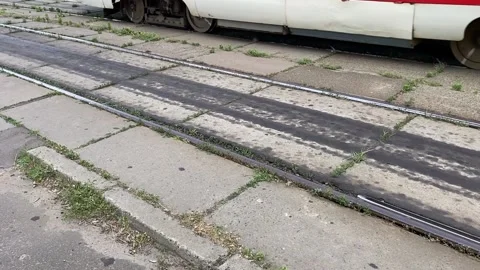 Old tram passing by on the rails Stock Footage 157203046