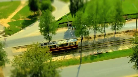 Old tram rides to stop. Top view. Timelapse Stock Footage 32493685