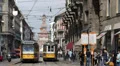 Old Tram Station Vintage Tramway Passing Milan Sforzesco Castle People Waiting HD Footage