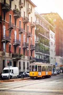 Old tram in tiny streets of Milano Stock Photos