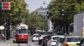 Old Tram Vienna Rush Hour Traffic Jam Car Passing Busy Street Road Boulevard Day HD Footage