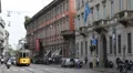 Old Tram Vintage Yellow Tramway Passing Manzoni Street People Walk Milan Italy HD Footage