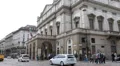 Old Tram Yellow Tramway Moving Manzoni Street People Walk Crossing Scala Milan HD Footage